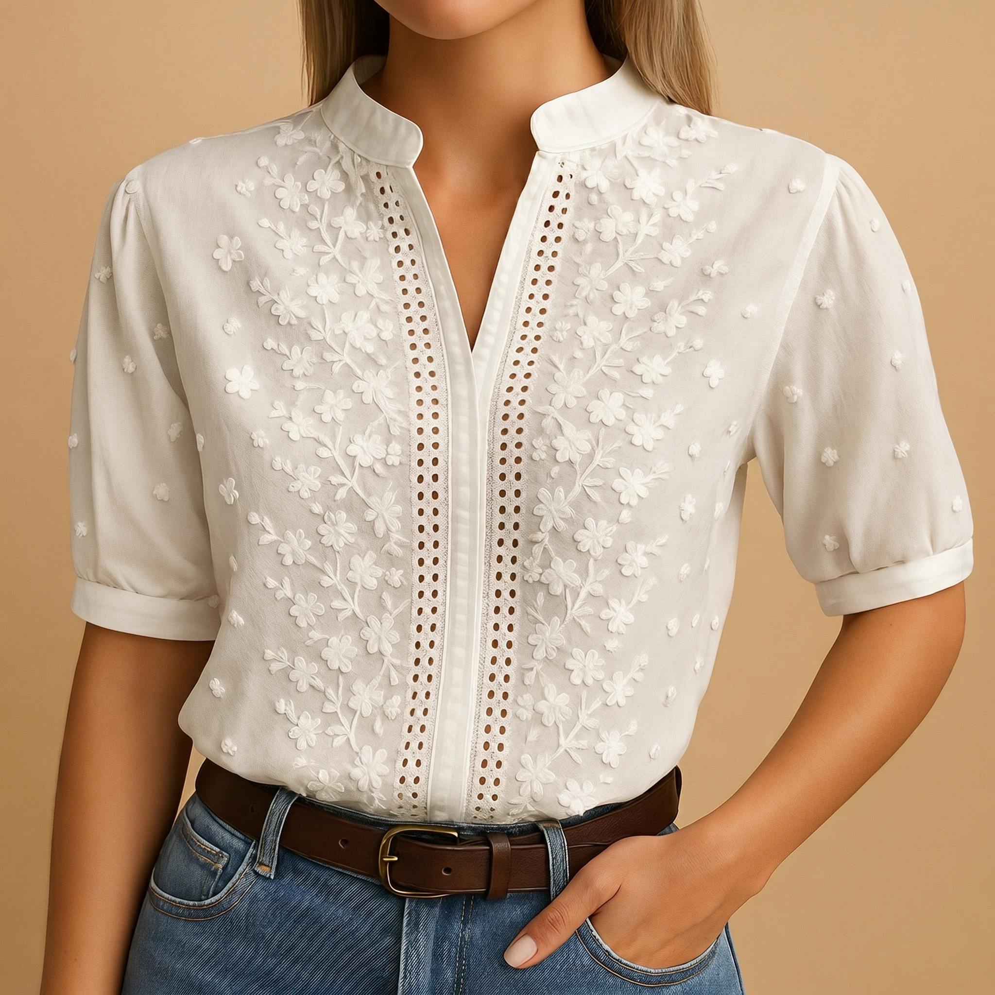 Elisa - Blusa Blanca Bordada con Encaje y Flores